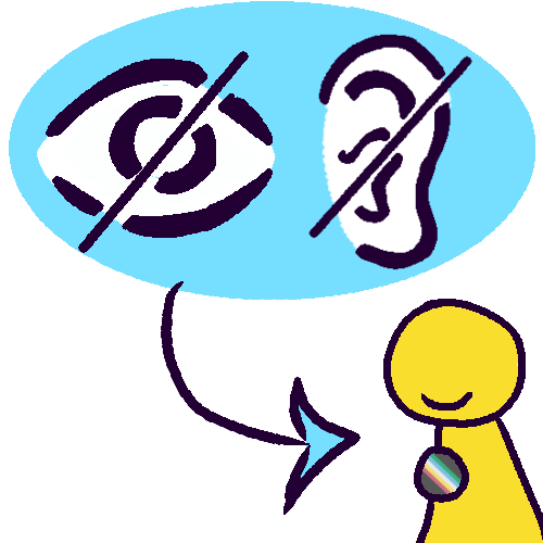 A drawing of a a blue oval with the symbols for “deaf” and “blind”, which are an eye with a slashed line through it and an ear with a slashed line through it respectively, inside. An arrow points from the oval to a yellow person who has no features other than a mouth, wearing a pin with the disabled pride flag.